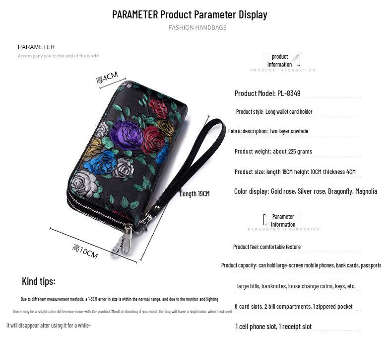 Rose Flower Ladies Genuine Leather Wallet – Double Zipper, Large Capacity, Multi-card Slots