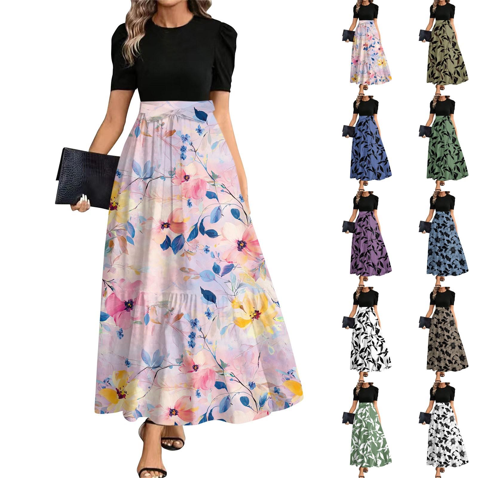 

Women s Fashionable Casual Belt Short Sleeved Round Neck Print Elegant Temperament Dress S
