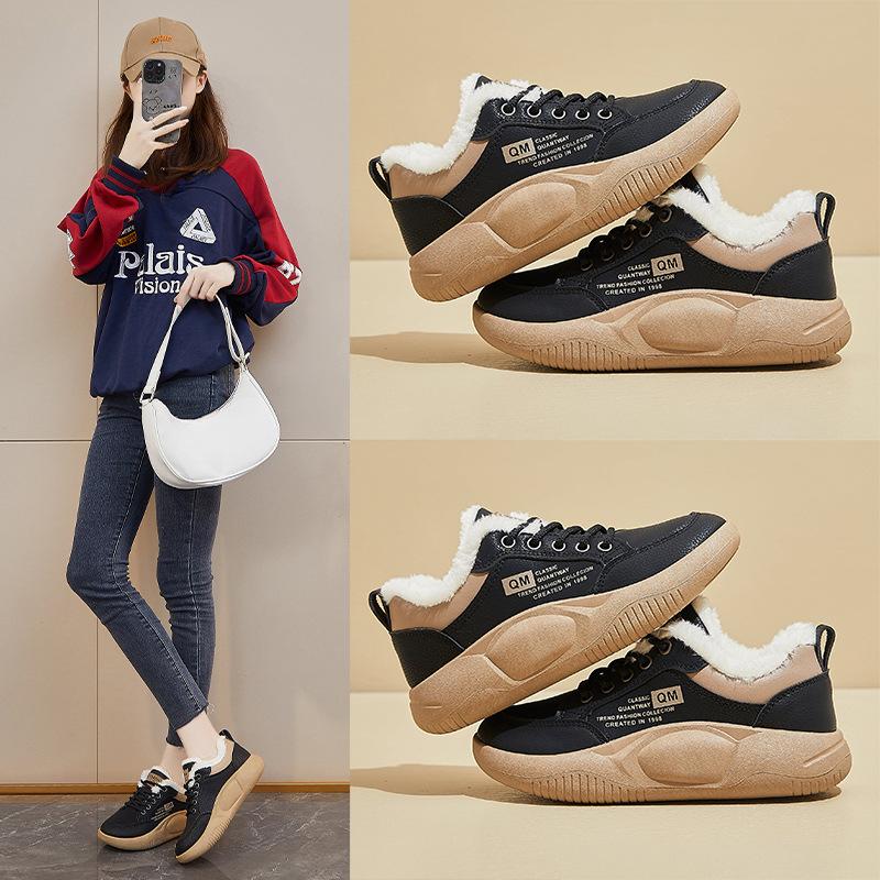 Baskets d'hiver chaudes à plateforme épaisse pour femmes, chaussures de marche avec doublure en fausse fourrure, baskets de tennis décontractées confortables à lacets avec doublure en polaire antidérapante pour femmes