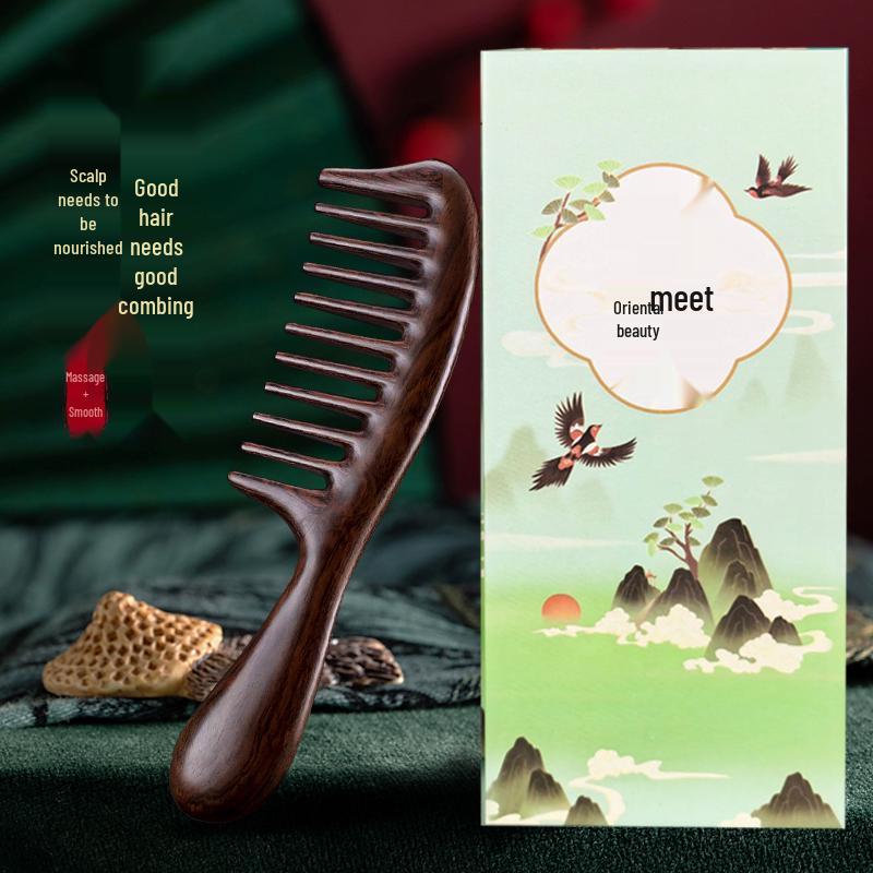 Wide Tooth Wooden Comb for Women - Anti-Scald Sandalwood Curling Comb for Hair Loss Prevention