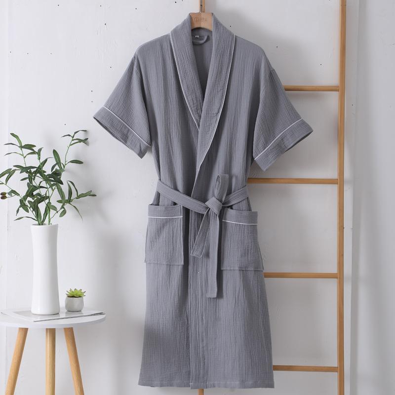 Summer Thin Cotton Bathrobe Double Layer Gauze Short Sleeve Nightgown for Men and Women Absorbing and Quick Drying Bathrobe