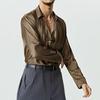 Men Party Shirt Baggy Front Design Satin Thin French Style Solid Color