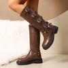 Fashion Fashion Buckle Straps Motorcycle Riding Boots Women Autumn Winter PU Leather Knee High Boots Woman Brown Platform Long Botas