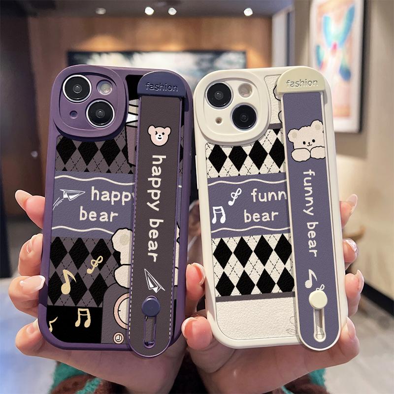 

Кожаный чехол с полосой на запястье, модный гибкий мягкий силиконовый чехол с милым мультяшным мишкой и принтом медведя, полное покрытие для Oppo Vivo Huawei Honor Oppo A7 чёрный