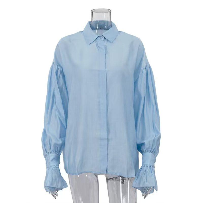 

Fashion Fashion Casual Long Sleeve Shirt Pure Color Cardigan Top Shirt Fashionable Loose Shirt Blue M