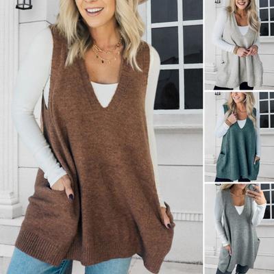 Women Sweater Vest V-neck Sleeveless Pockets Mid-length Knitting Tops Solid Color Autumn Winter Casual Knitwear
