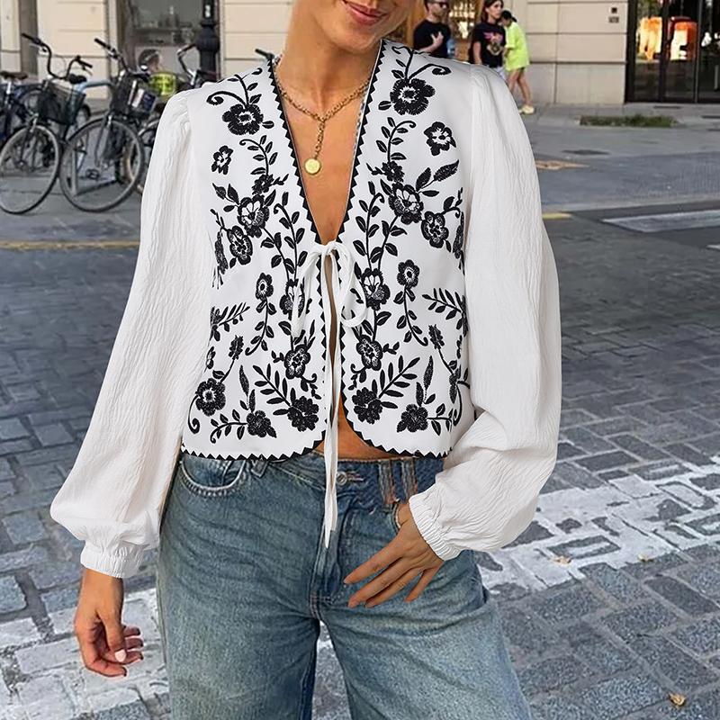 

VONDA Женская мода V-образный вырез галстук длинный рукав принтованные рубашки S белый