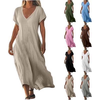 Vestido Longo Casual de Verão para Mulheres, Gola V, Manga Curta, Algodão e Linho, Cor Sólida