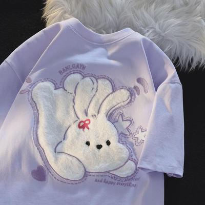 "Retro Besticktes Baumwoll-Kurzarm-T-Shirt für Trendbewusste Übergrößen-Frauen"