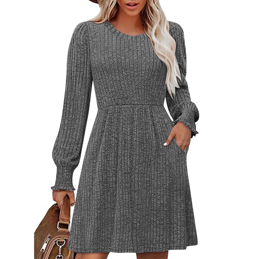 Women's Fashionable Loose-Fit Long-Sleeved Round-Neck Patchwork Solid-Colour Dress