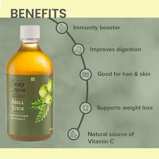 Honey and Spice Amla Juice Rich in Vitamin C - 500ml | Suitable for healthy Hair & Skin | Improves Digestion, Boosts Immunity