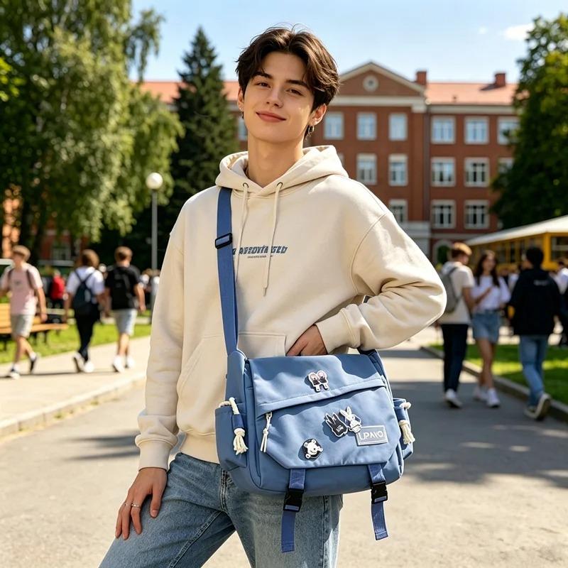 Chic Multiple Pocket Nylon Shoulder Crossbody Bags with Badge Casual School Travel Messenger Bag for Teenager Students Daily Use
