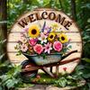 Vintage Round Aluminum Wall Sign with Wheelbarrow and Flowers Decor for Home Cafe