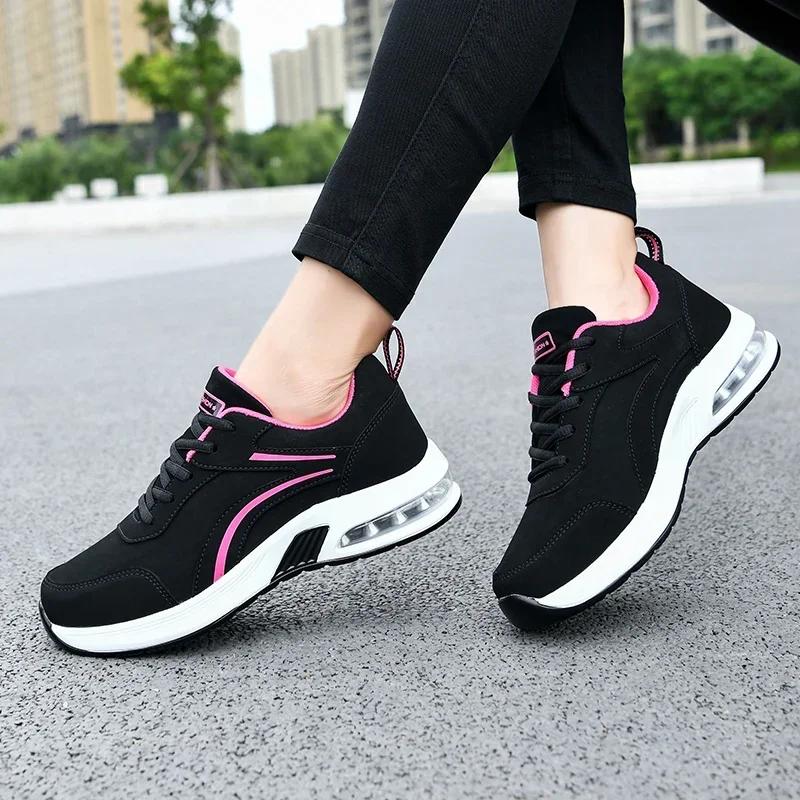 Autumn Ladies Sports High-Quality Non-Slip Jogging Shoes, Fashion Leather Upper Running Shoes Women Soft Fitness Casual Sneakers