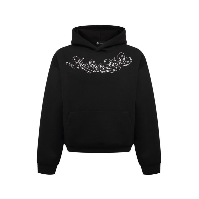 Mens Oversized Hooded Sweatshirt With Rhinestone Embellishment Streetwear Casual Long Sleeve Top Fall