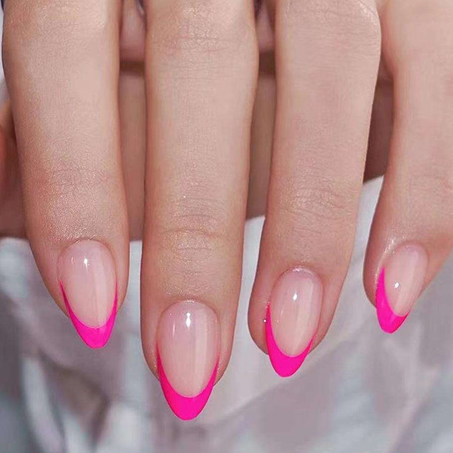 24Pz Unghie Finte Mandorla Corte con Disegno a Linea Unghie Finte Rosse Semplici Unghie Press-on Moda Indossabili Tips per Nail Art Full Cover