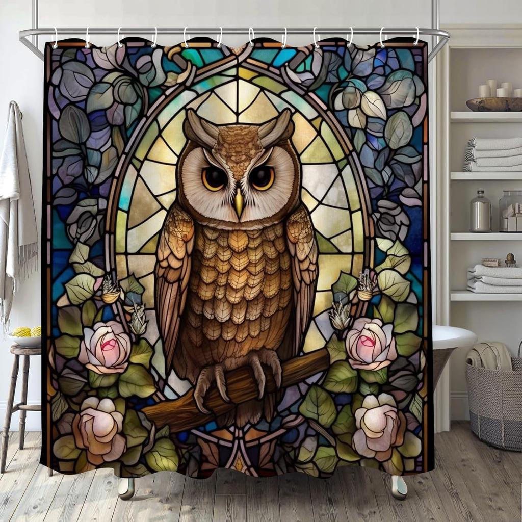 Fox Shower Curtain For Bathroom, Leaves Glass Art Shower Set, Cute Animals Abstract Fabric Modern Waterproof Bathroom Decor