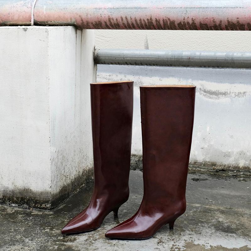 Winter Thin Heels Women Knee-High Boots Fashion Pointed Toe Wedding Party Pumps Shoes Ladies Elegant Slip On Long Booties