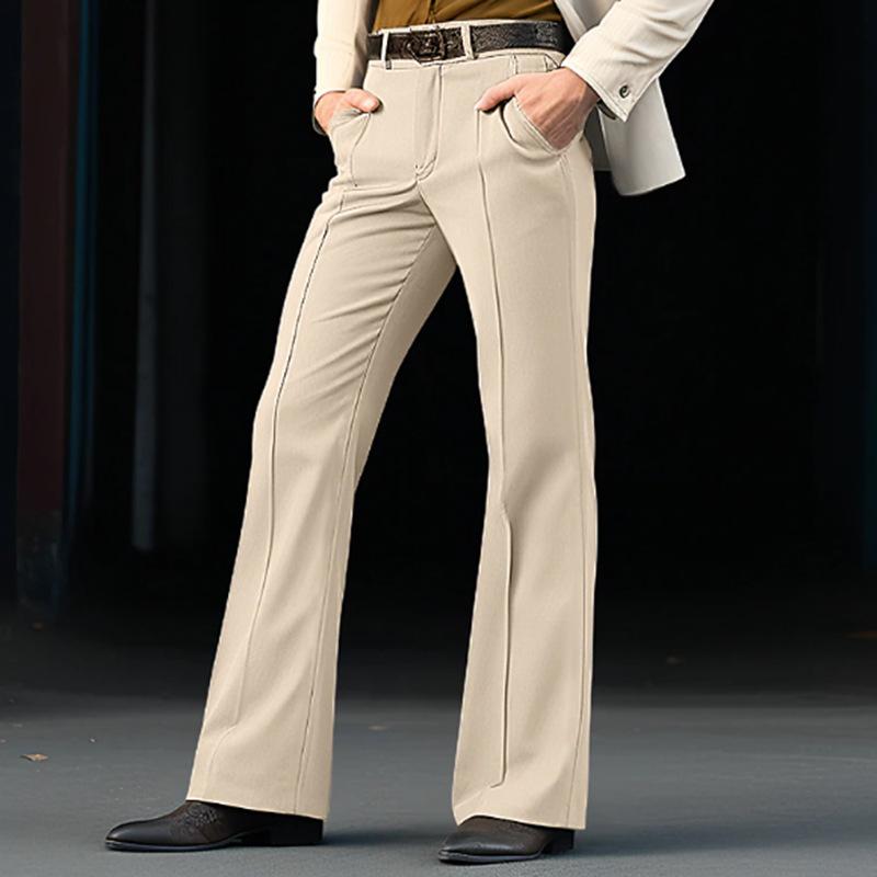 Vintage Men's Bell-Bottom Solid Color Flared Trousers Spring Autumn Casual Pleated Suit Pants Men Stylish Slim Elastic Trousers