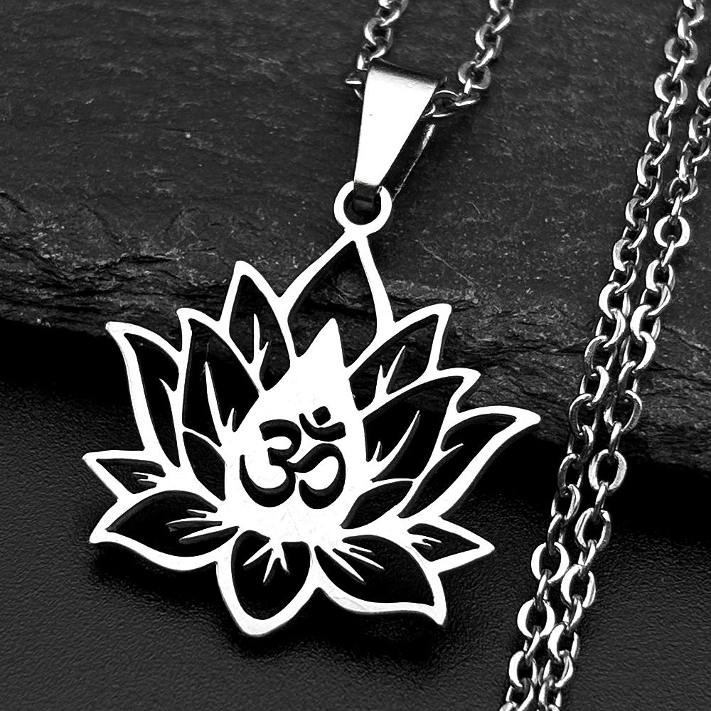 Hollow Yoga Lotus Flower OM Symbol Stainless Steel Pendant Necklace for Women Men Reiki Healing Spiritual Chain Amulet Jewelry
