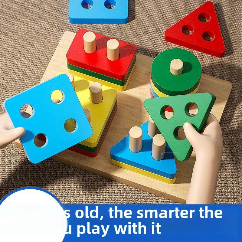 Montessori Legno Forme Geometriche Cinque Set di Colonne Blocchi Assemblaggio Bambini Illuminazione Educazione Precoce Puzzle Giocattoli