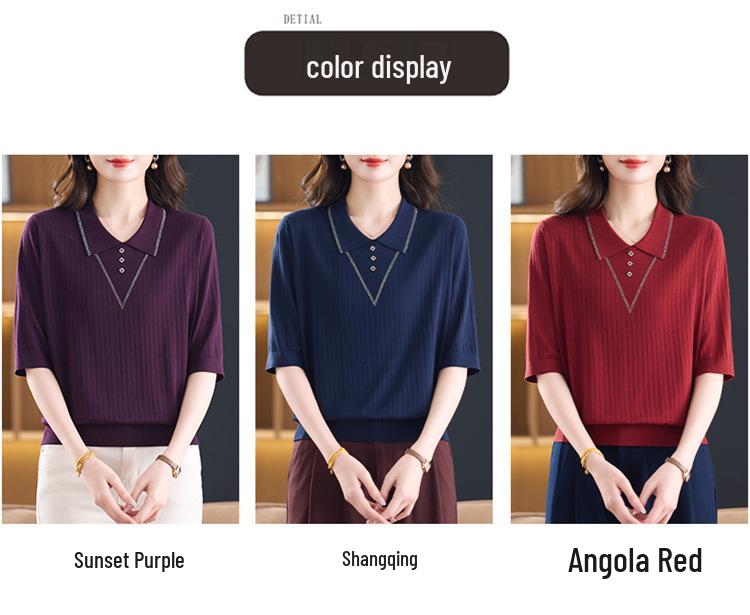 Mom's Autumn Ice Silk Knit Top: Stylish Mid-Sleeve Design with Lapel and Hot Drill Details, Perfect for Middle-Aged Women.
