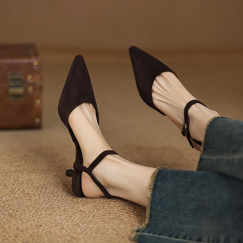 Fashion 2025 Summer Women Shoes Kid Suede Pointed Toe Women Sandals Genuine Leather Shoes for Women Elegant High Heels Party Shoes