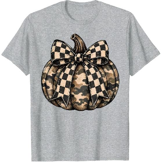 Camo Pumpkin with Checkered Bow Cute Fall Halloween Season T-Shirt