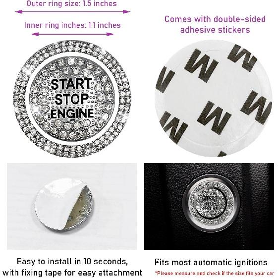 Autocolant strălucitor pentru buton de pornire auto, pietre strălucitoare, capac decorativ pentru buton, capac anti-zgârieturi pentru cheie de pornire și; Inel strălucitor pentru buton,