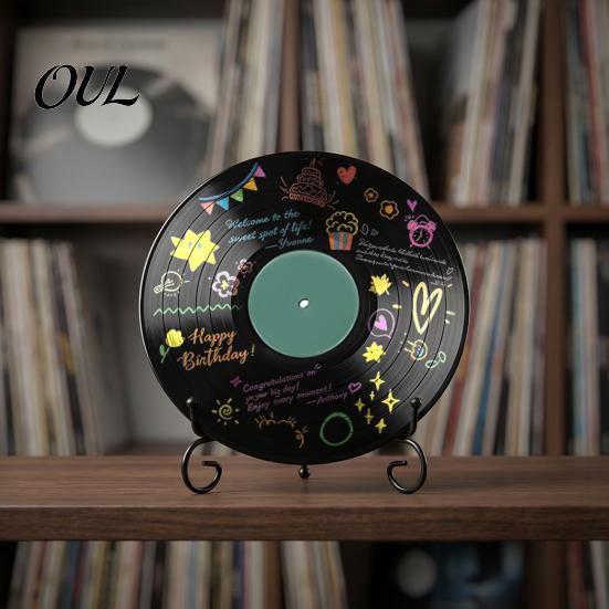 DIY Commemorative Ornaments Vinyl Record Graffiti Clock Ornament, Blank Acrylic Retro Tabletop Wall Creative Craft Projects Decor with Stand, Reusable