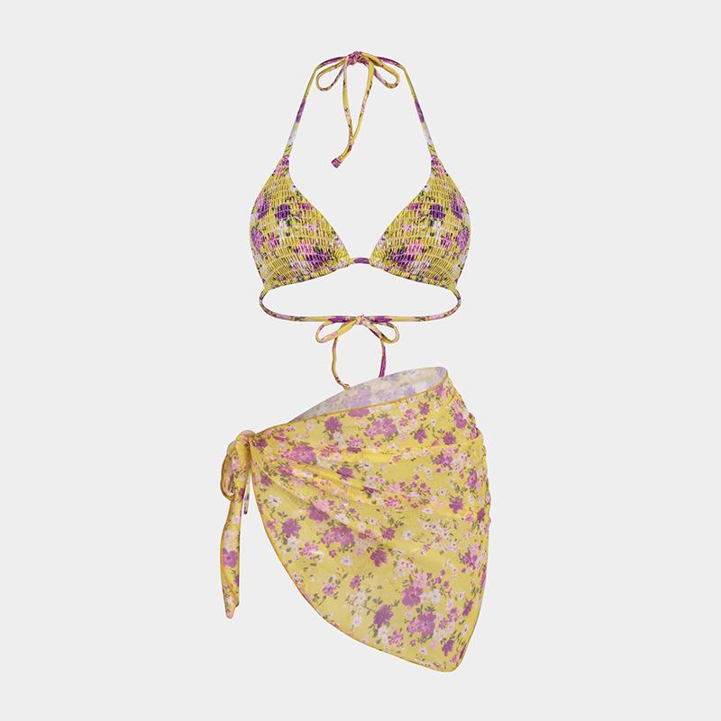 TS JYL-BK045 Mesh Skirt Three-Piece Bikini, Print Triangle Slim Swimwear For Vacation