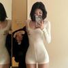 "Girls' Pure Desire Bear Print Suspender Pajama Set with Chest Pad - Summer Slim Fit Vest and Shorts"