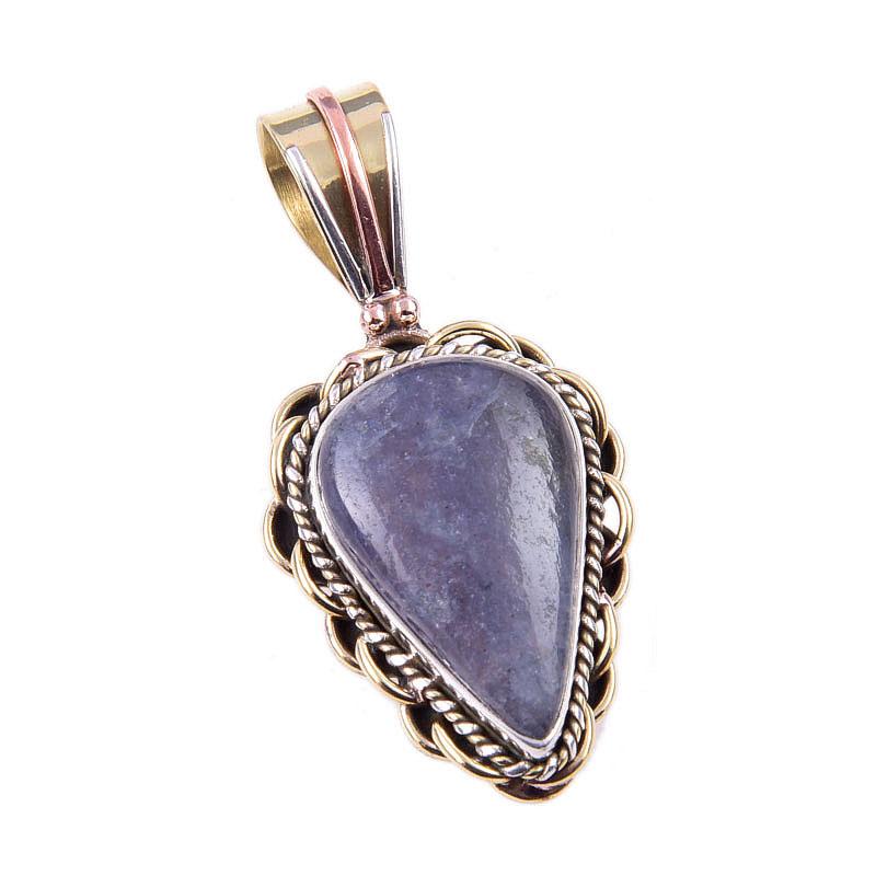 Natural Iolite Gemstone 925 Solid Sterling Silver Two Tone Pendant 1.50'' Q1Z44