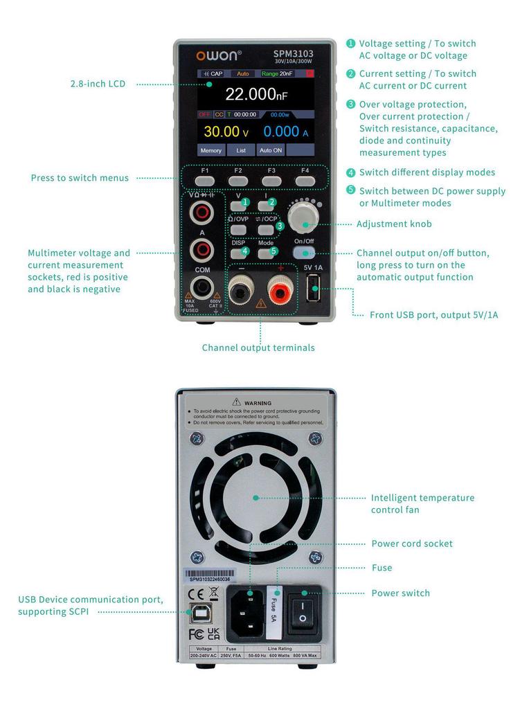 OWON Lili Pu SPM Series Programmable DC Power Supply & 4.5-Digit Multimeter (Models: 3051, 3103, 6103)