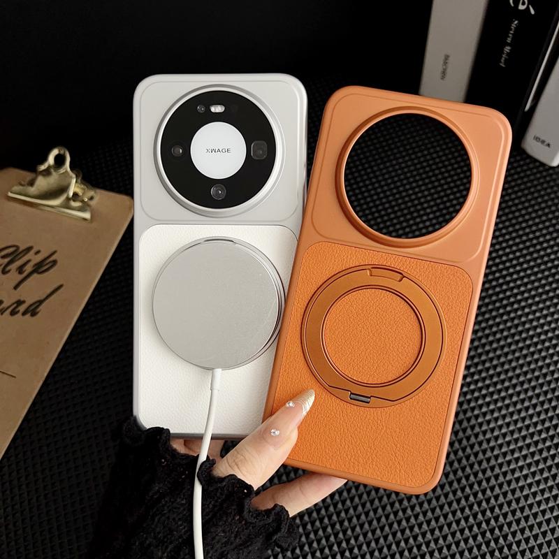 For Huawei Mate 60 70 80 Pro Max Air Case Litchi Grain Leather Strong Suction Metal Kickstand 360° Rotatable Spray Coating Cover