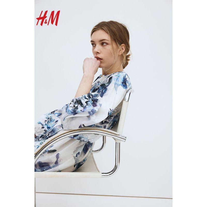 

HM Women s Clothing Florals Dress Summer Commute Waist Belt Elegance Temperament Long Sleeve round Neck Skirt 1225725 White/Blue Florals 155/80A