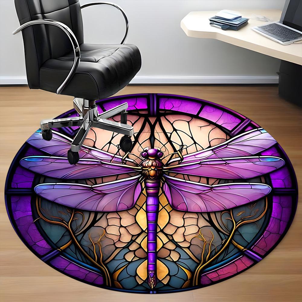 1pc Purple Stained Glass Dragonfly Office Round Area Rug, Under Office Chairs Bedroom Living Room Home Decor, Room Deco