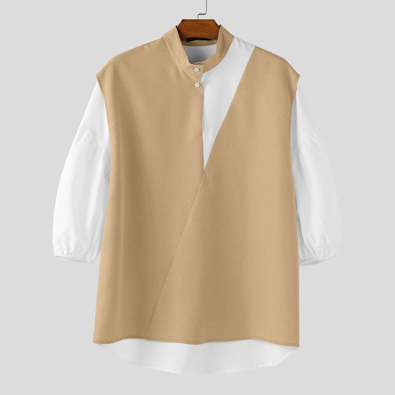 

INCERUN Мужские летние топы рубашки оверсайз со стойкой, рукавами 3/4 буф, пэчворк, повседневные M хаки