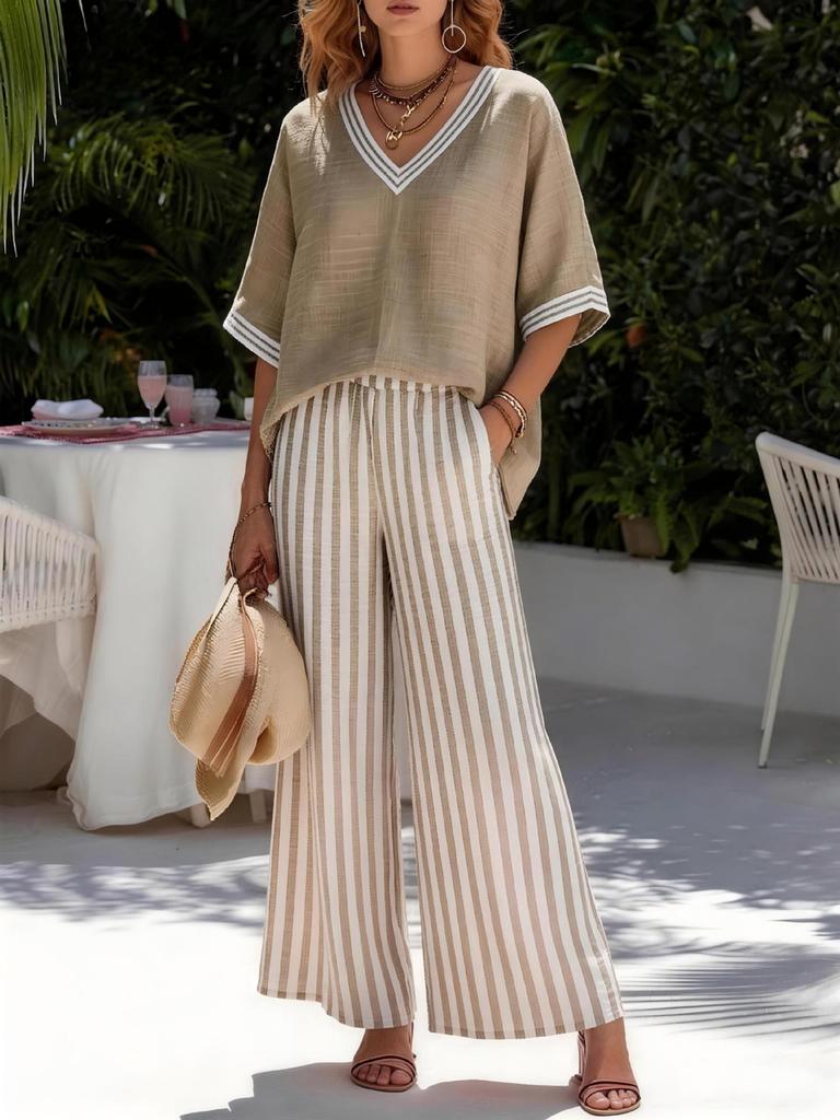 New Arrival Women's Casual Striped Comfortable Loose V-Neck Two Piece Set
