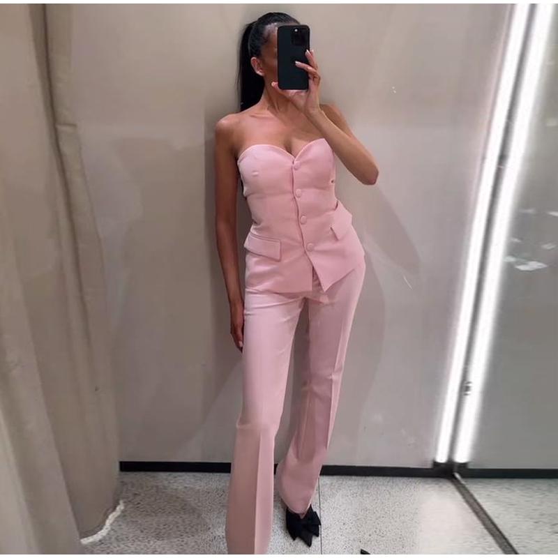 Elegant Solid Vest Pants Women Outfit Sexy Tube Single Breasted Pocket Tank Top Loose Zippers Trousers Summer Lady Outfit