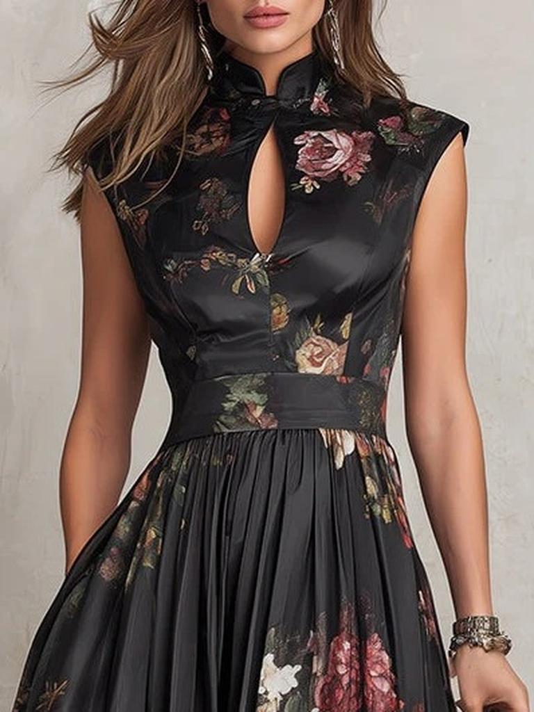 Women's Sleeveless Black Digital Print Long Dress with 3D Flowers