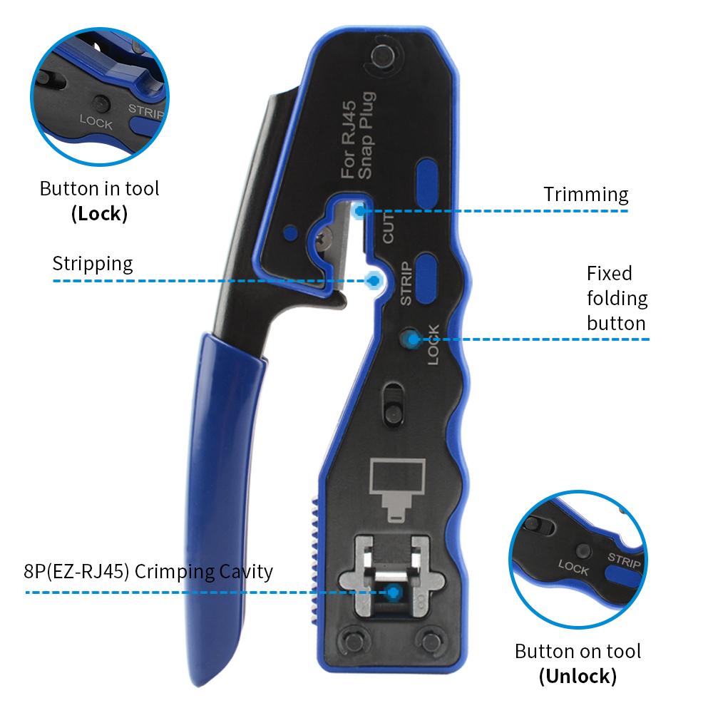 RJ45 Pass Through Crimper, Cat6 8P8C LAN Crimp Tool Kit with Wire Stripper, 10PCS Cat6 Connectors and Strain Relief Boots