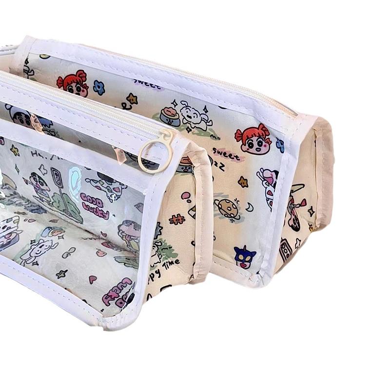 Cartoon Translucent Pencil Case Multi-Layer Vertical Large-Capacity Stationery Storage Bag School Supply Cosmetic Bag