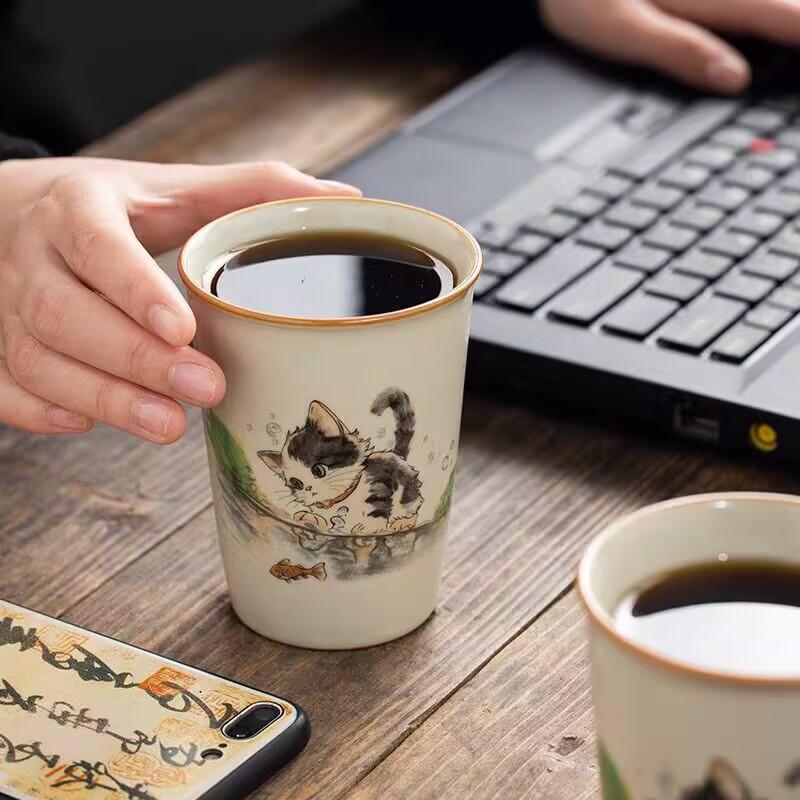Ru Kiln Cute Cat Coke Cup Teacup Master Cup Ceramic Household High-End Personal Tea Cup Teacup