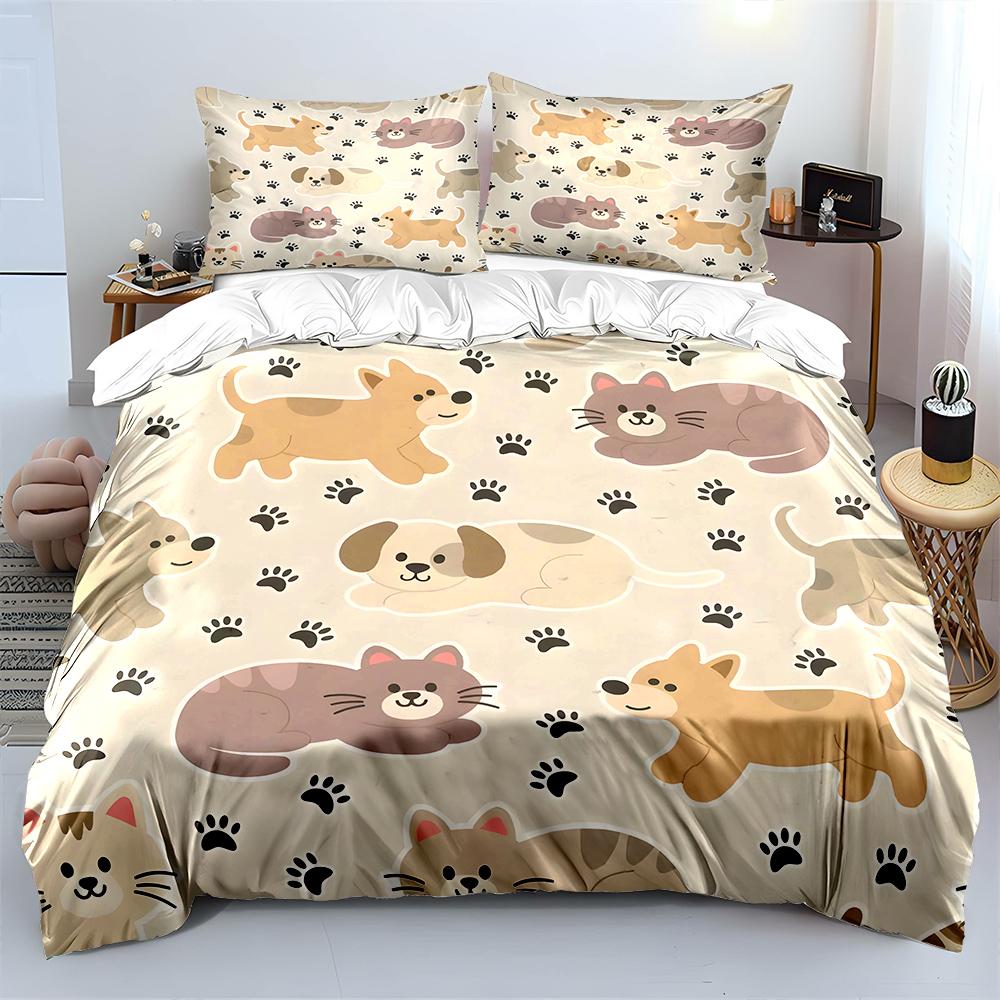 Cartoon Cat And Dog Themed Paw Prints Bedding Set 1 Duvet Cover 2 Pillowcases For Adult And Children Luxury Gift Full Size
