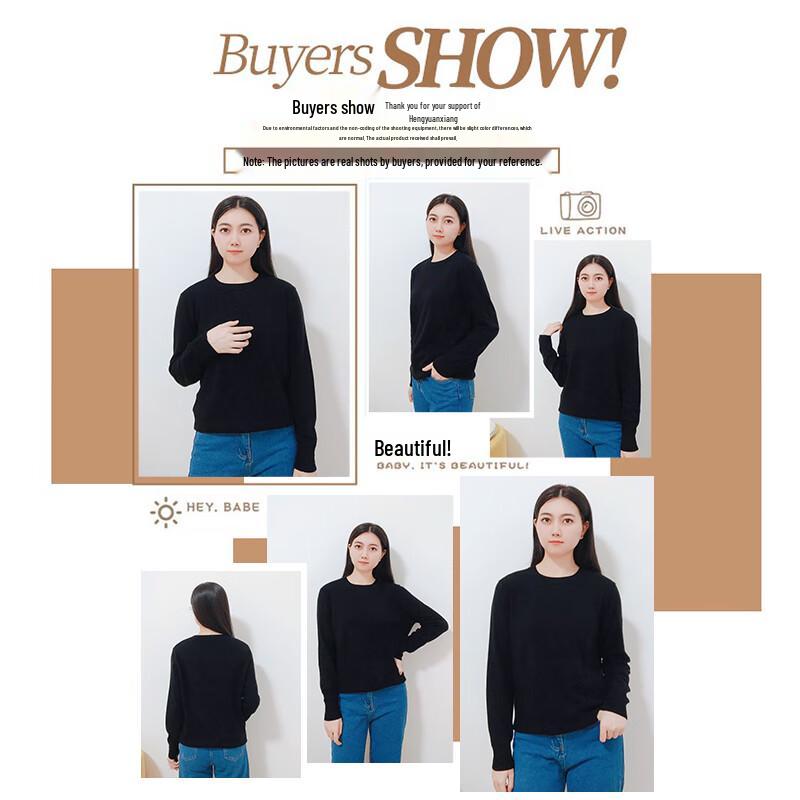 Hengyuanxiang Women's Pure Wool Round Neck Sweater
