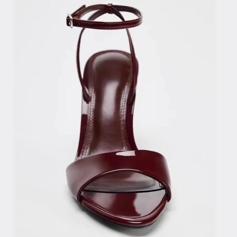 Fashion Elegant Round-Toe Ankle Buckle Design High-Heel Sandals Women High-Quality Patent Leather Brand Heels Sexy Open-Toe Dress Shoes