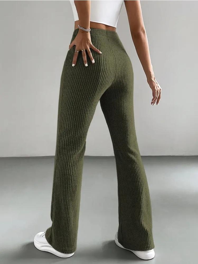 Spring and Autumn Bell-Bottom Pants for Women Solid-Color Casual Pants with Ribbed Knit Fashionable and Versatile Slim-Fit Long Pants