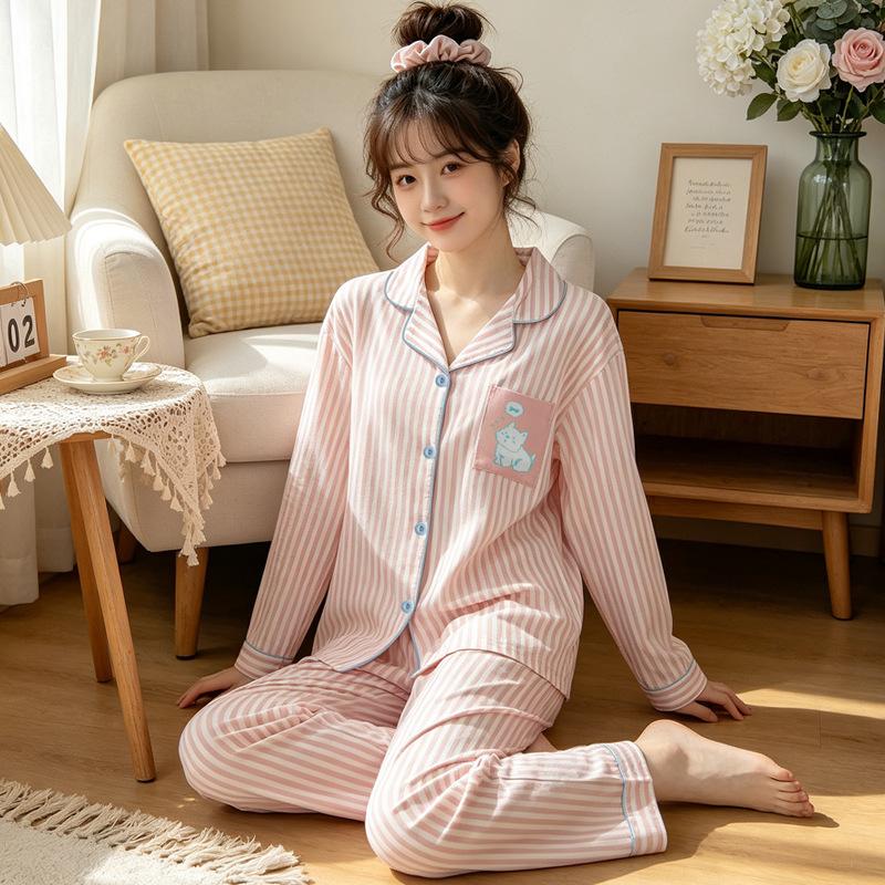High-value imitation cotton long-sleeved pajamas women's spring and autumn new casual loose striped cardigan loungewear set