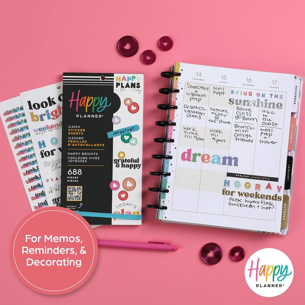 Happy Planner Sticker Pack for Calendars, Journals, and Diary Planners, Multicoloured Scrapbook Accessories, Happy Brights Theme, Classic Size, 30